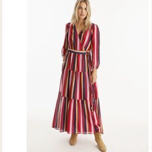 XIRENA Tilda Silk Cotton Blend Multi-Color Striped Long Sleeve Wrap Dress XS